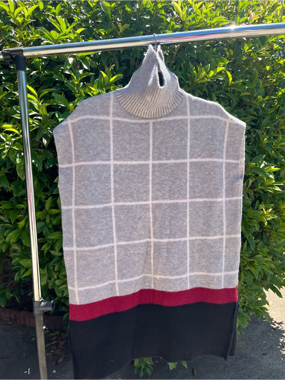 Gray Grid Turtleneck Wool Poncho with Black & Burgundy Bands